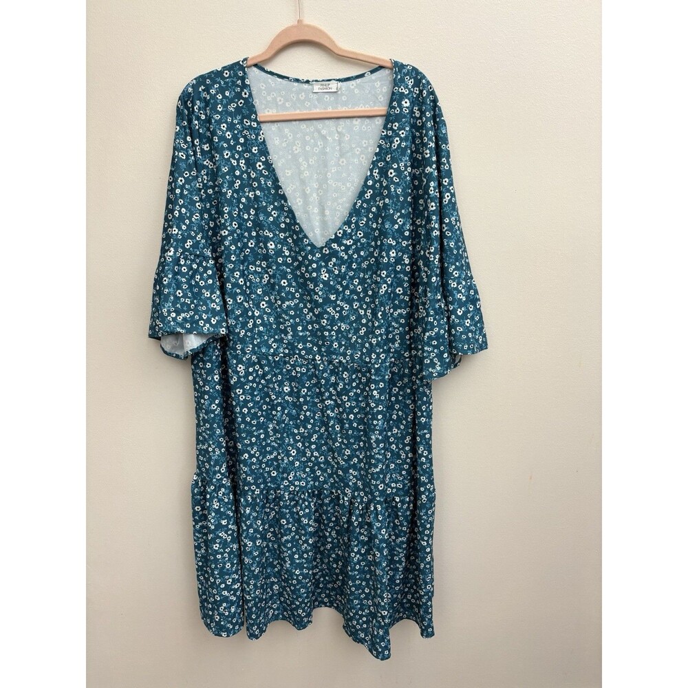 Pinup Fashion Women’s Babydoll Dress Floral 26W Flare Sleeve Pullover V Neck